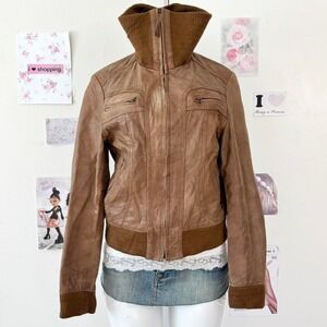 Stradivarius Genuine Leather Distressed Bomber Jacket